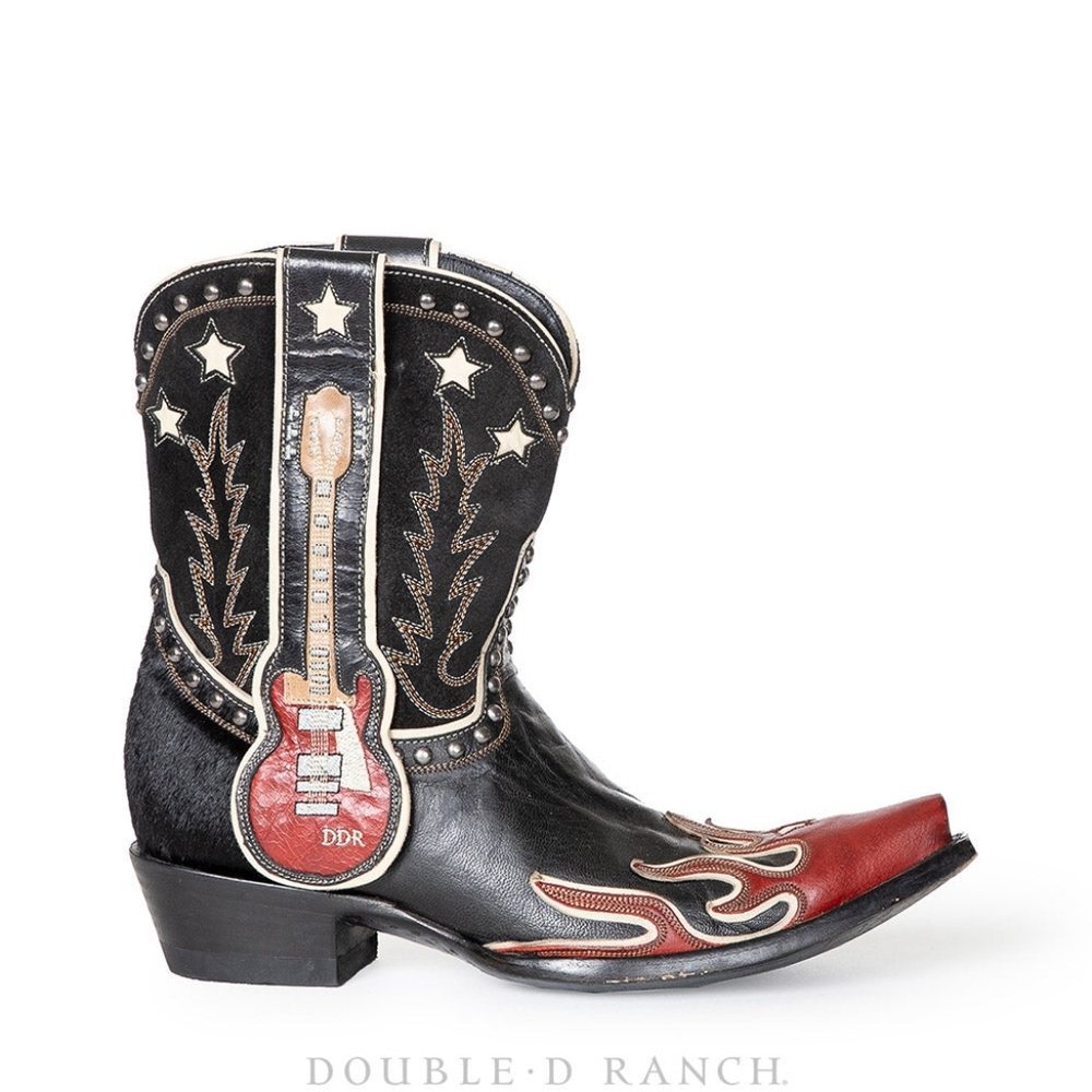 Double D Ranch Ring of Fire Cowboy Boots Black and Red with Guitar Design